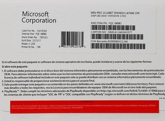 Llave dominante profesional de la licencia de la venta al por menor del OEM Fpp de FQC-08909 Windows 10 para el ordenador portátil de la PC