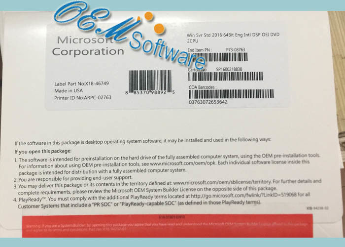 Licencia estándar sellada de la etiqueta engomada de la llave del Coa del software del OEM R2 de Windows Server 2016 del embalaje